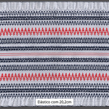 ELÁSTICO ZIG ZAG BABADO TOP 20,2cm BRANCO/AZUL ESCURO/VERMELHO MAÇÃ 10m